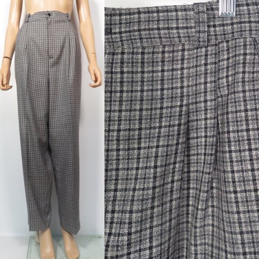 Vintage 80s/90s Gray Plaid High Waist Pleat Front Trousers Made In USA Size L 14 