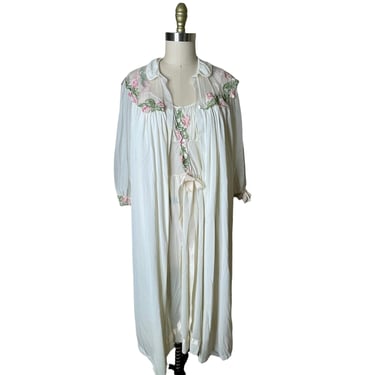 Vintage Eye-Ful Peignoir Robe and Nightgown Nylon Sheer Sleeve Floral White Blue Bridal Set Size Largemall 