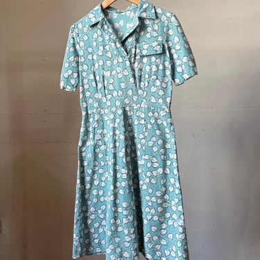 Med, 1940s 1950s Leaf Print Blue and White Dress, As Is, R 