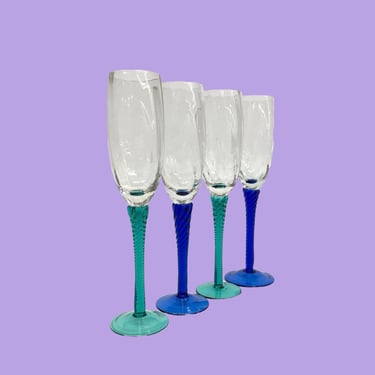 Vintage Champagne Flutes Retro 1980s Luminarc + Optic Swirl + Twisted Stem + Set of 4 + Blue + Teal + Cocktail + Home and Bar Decor 