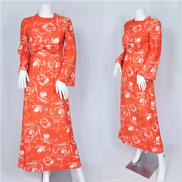 Psychedelic 1970's Orange Swirl Pattern Long Poly Maxi Dress I Sz SM I MOD I Tiki 