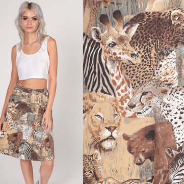 Animal Print Skirt 80s Safari Wrap Skirt Lion Giraffe Zebra Bear Tiger Leopard Cheetah Hippie High Waisted Midi Vintage 1980s Small Medium 