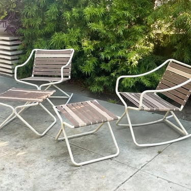 Brown Jordan Kailua 4-piece patio set | 2 rockers, 2 ottomans | vintage vinyl strapped outdoor furniture 