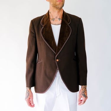 Vintage 70s After Six Brown Polyester Tuxedo Blazer w/ Brown Velvet Lapel & Tiger Eye Buttons | Made in USA | 1970s Designer Formal Jacket 