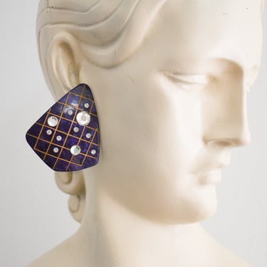 1980s Dark Purple Lucite and Rhinestone Pierced Earrings 