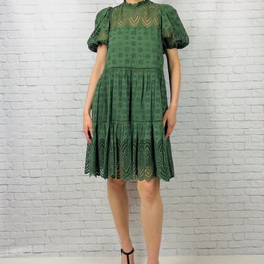 Ulla Johnson Simone Puff Sleeve Eyelet Shift Dress, Size 6, New Army Green