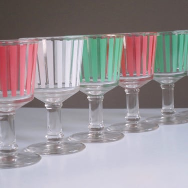 Mid-Century Pastel Stripe Stemmed Cordial Glasses, Aperitif Barware, Cordial Glassware 