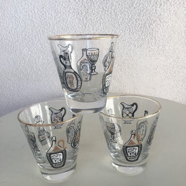 Vintage Mid Century Short  tumblers glasses set 3 liquor bottles theme holds 4 oz 