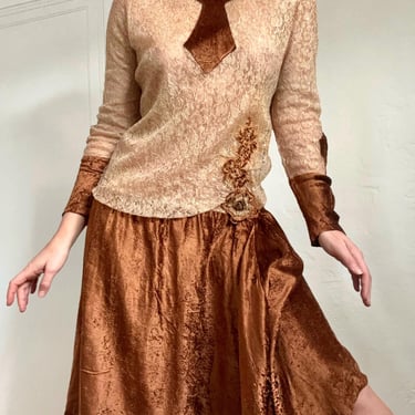 Antique 1920s Bronze Velvet & Lace Flapper Dress Handmade Brown Small Medium Dropwaist by TimeBa