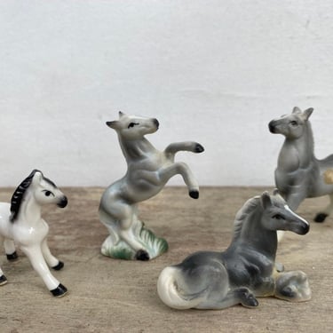 Vintage Horse Figurines, Bone China, Gray Horses, Mismatched, One Repair, Set Of 4 