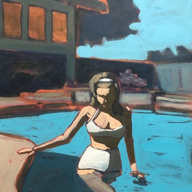 Pool #78 - Original Acrylic Painting on Canvas 16 x 20, mid century modern, bikini, woman, sexy, blue, figurative, michael van, fine art 