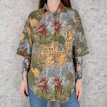 Vintage Safari Animals Print Button Up Collared Blouse Top Shirt 