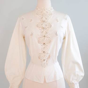 Vintage 1950's Ivory Cotton Lace Bishop Sleeve Blouse / SM