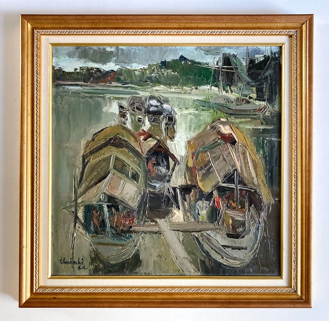 Original Thuân Hồ Fine Modernist Oil Painting of Docked Boats 1964 Vietnam MCM 