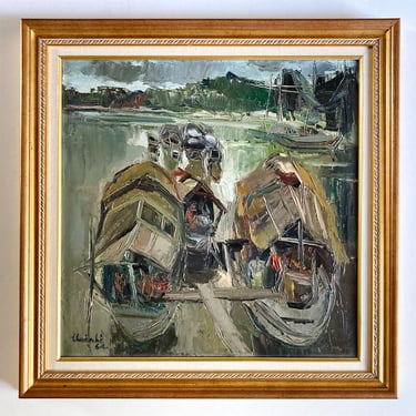 Original Thuân Hồ Fine Modernist Oil Painting of Docked Boats 1964 Vietnam MCM 