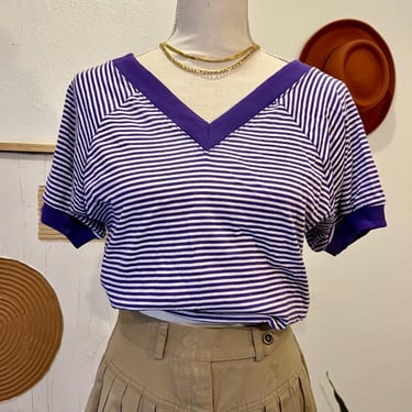 Vintage 90s Deadstock Purple Striped V Neck Cropped Cotton Short Sleeve Top 