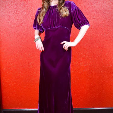 1930s Purple Silk Velvet Gown 