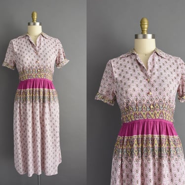 vintage 1950s | Gorgeous Purple & Green Paisley Print Short Sleeve Rayon Dress | Small Medium | 