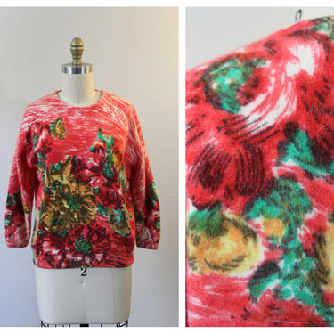 Vintage Darlene Minklam Angelon red floral Abstract Sweater cardigan angora lambswool // Modern Size US 6 8 Small Med 