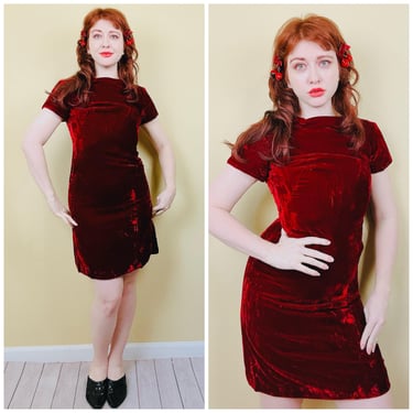 1960s Vintage Wine Red Velvet Dress / 60s / Sixties Mock Neck Shift / Wiggle Dress / Medium 