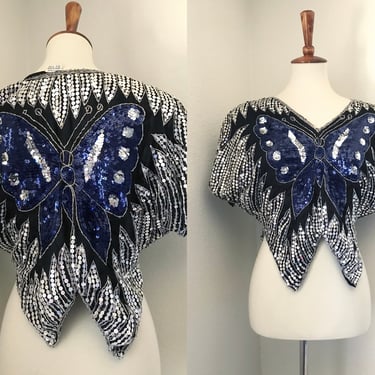 Vintage silk navy sequined butterfly 80s top 