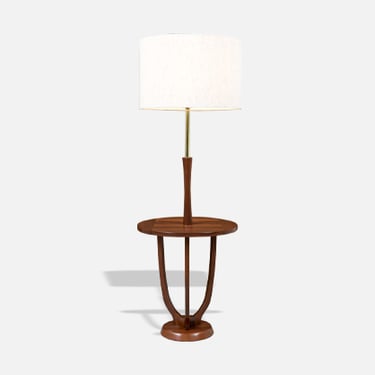 Mid-Century Modern Sculpted Walnut & Brass Floor Lamp with Side Table
