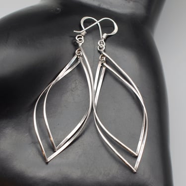 80's 925 silver double twist boho dangles, wavy pointed oval on oval sterling swing earrings 