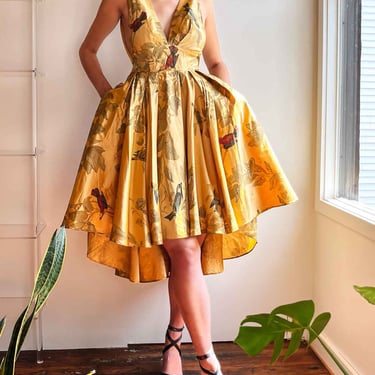 1950s Silk Bird Print Dress | M