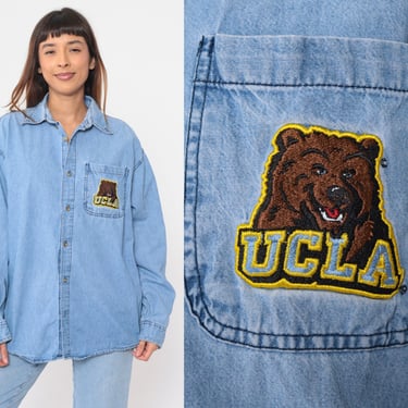 UCLA Bruins Shirt 90s Denim Button up Shirt University California Los Angeles Bear Patch Long Sleeve Collared Top Vintage 1990s Mens Large L 