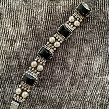 1950'S Black Onyx Bracelet - Sterling Silver - Handmade in Mexico - Box Clasp - 7-1/2 Inches Long 