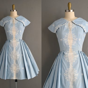 vintage 1950s Blue Floral Cotton Full Skirt Dress - Medium 