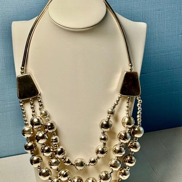 Vintage Modernist Triple Strand Handmade Sterling Bench Beads Necklace Standout Necklace Taxco Mexico Gift for Her Mom Bride Collectible 
