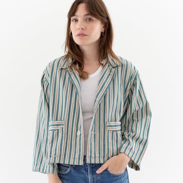 Vintage Teal Green Cream Flannel Striped Crop Shirt Jacket | Unisex Stripe Cotton Pajama Chore | L | SCJ015 