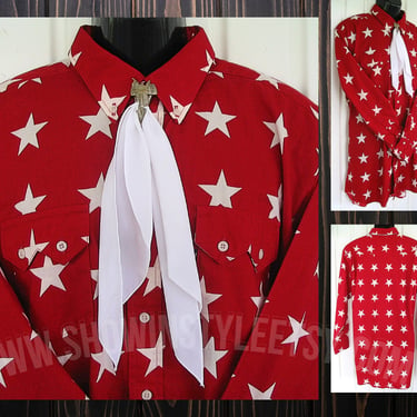 Panhandle Slim Vintage Western Retro Men's Cowboy & Rodeo Shirt, True Red, White Stars, Tag Size 17.5-35, approx. XLarge (see meas. photo) 
