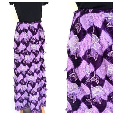 Vintage VTG 80s 1980s 70s 1970s Festival Purple Open Weave Floral Applique Velvet Maxi Skirt 