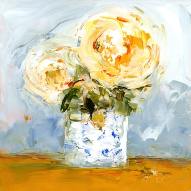 Expressive Oil Painting - Yellow Peony - Abstract Florals - Still Life Oil Painting Square - Daily Painter Art 