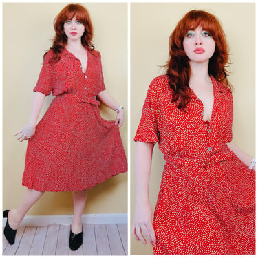 1980s Vintage Classics By Carol Anderson Shirt Dress / 80s / Eighties Polka Dot Rayon Red Dress With Belt / XL 