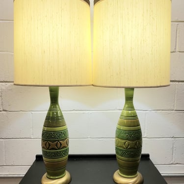 Pair of Mid Century 3 Way Green Ceramic Lamps