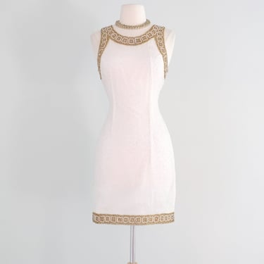 Vintage 1980's Ivory & Gold Beaded Silk Cocktail Dress by Laurence Kazar / S