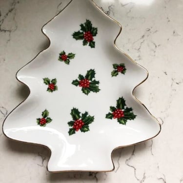 Vintage Lefton China White w/ Gold Trim Holly Berry Christmas Tree Candy/Trinket Dish/Cookie Plate by LeChalet
