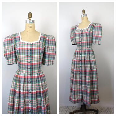 Vintage cotton plaid dress puff sleeves full skirt button front pockets size small 