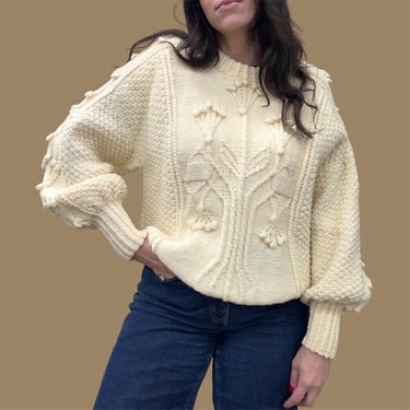 Vintage Sweater 1970s RARE + Blarney Woollen Mills + Hand Knit + Pure Wool + Ivory + Aran + Fisherman + Bobble + Bishop Sleeves + Womens 