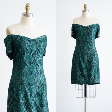 green mini dress 80s 90s vintage floral lace strapless off shoulder holiday party dress 