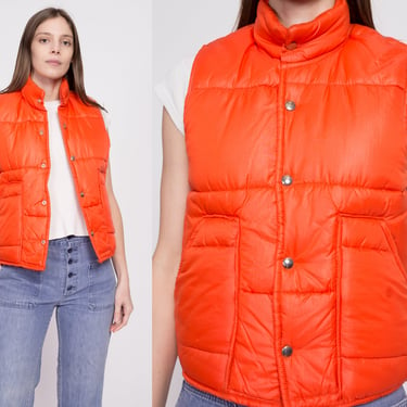 70s Orange Puffer Vest - Small | Retro Unisex Vintage Sleeveless Ski Jacket 