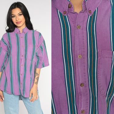 90s Striped Shirt Purple Cotton Blend Shirt Collared Button Up Shirt Short Sleeve 1990s Oxford Shirt Vintage Pocket Men's Extra Large xl 