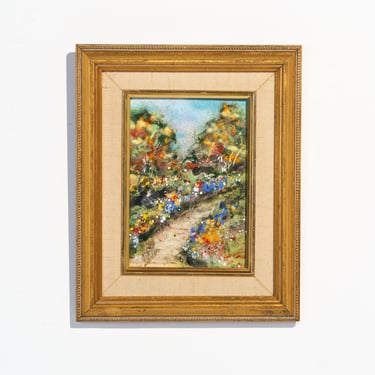 Vintage Enamel on Copper Artwork by Mildred Sartor // Framed Original Art Titled “Pathway Through The Garden” 