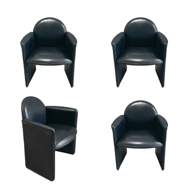 Set 4 Black Leather Italian Chairs, Italy 1980