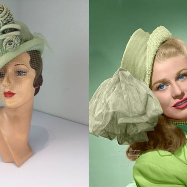 Green Leaves of Summer - Vintage 1940s Pistachio Mint Green Wool Felt Perch Topper Hat w/Veil - Rare 