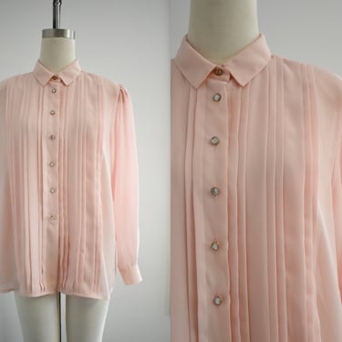1980s Pale Peachy Pink Pleated Blouse 