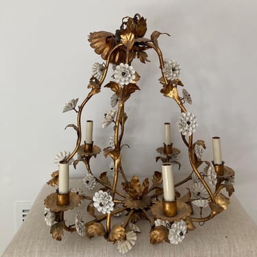 Vintage Gold Gilt Chandelier Porcelain Flowers Italian 